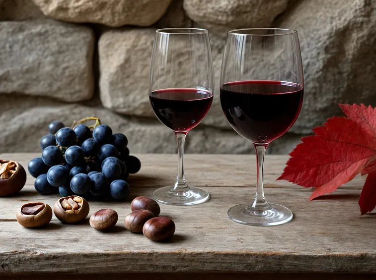 Due bicchieri di vino novello e castagne